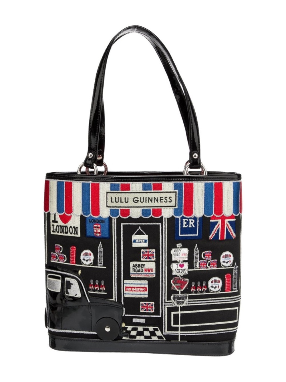 Lulu Guinness Black Tote with Red, Blue & White London Shopfront Appliqué - Picture 1 of 6